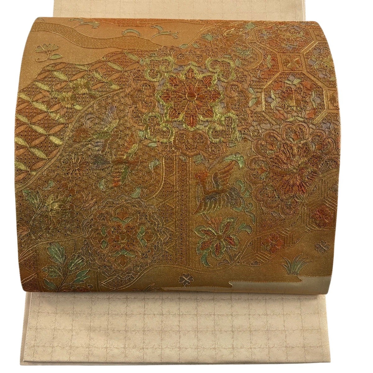 【未使用品】袋帯 超美細かな相良刺繍　お太鼓柄　柔らかめ 50%OFF 【美品】 袋帯 秀品 華文 鳥 刺繍 箔 ベージュ お太鼓柄 正絹