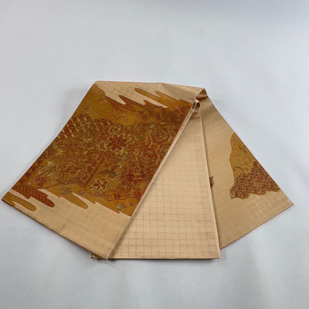 50%OFF 【美品】 袋帯 秀品 華文 鳥 刺繍 箔 ベージュ お太鼓柄 正絹