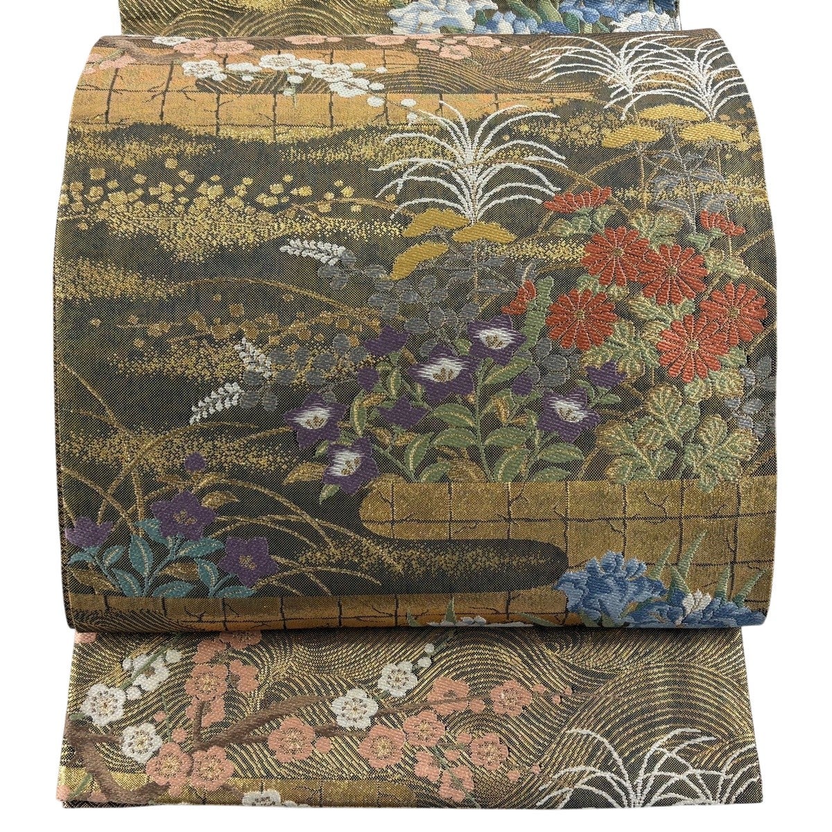 美品】 袋帯 秀品 振袖向き 華文 蝶 金糸 箔 金色 六通 正絹｜中古