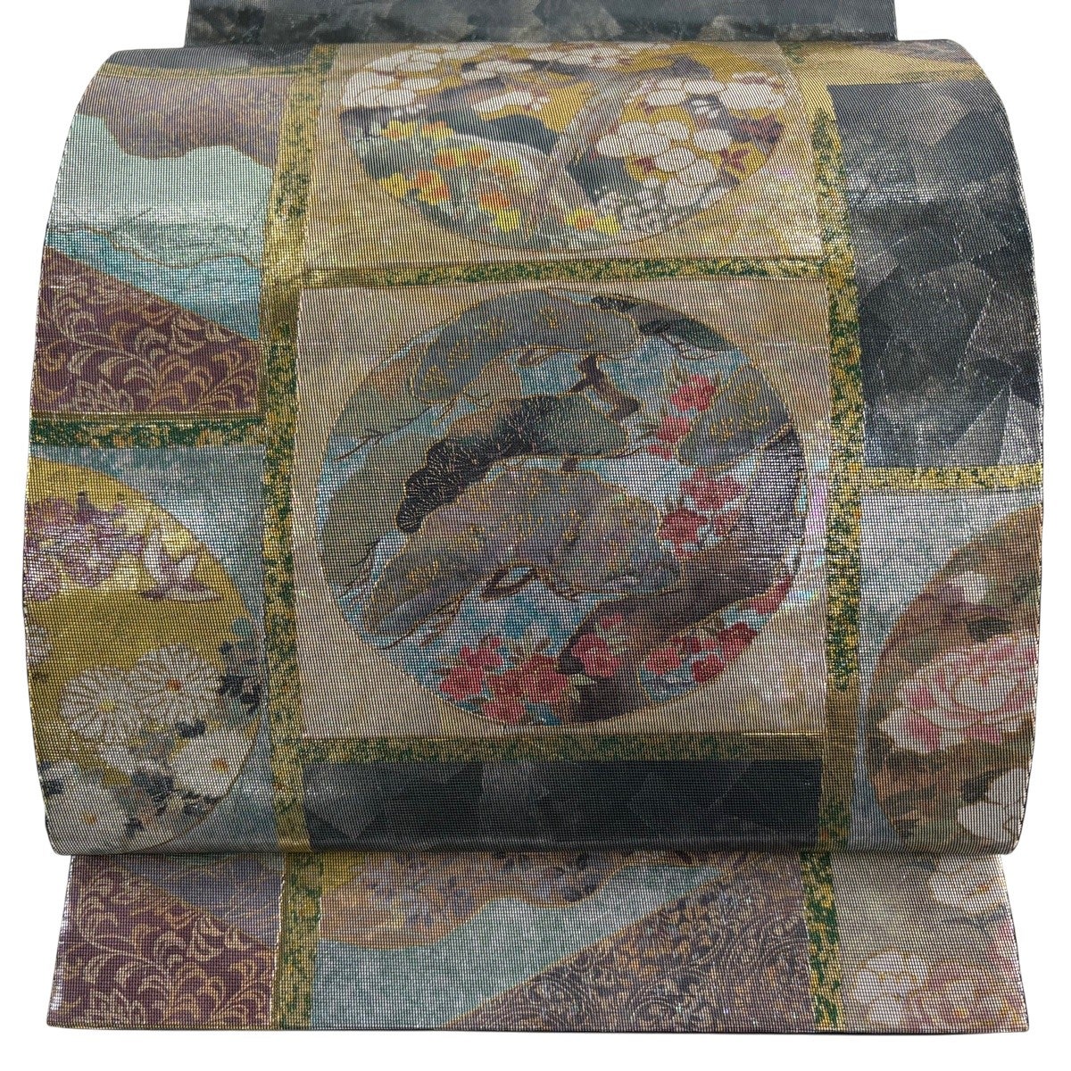 美品】 袋帯 秀品 草花 松 金彩 螺鈿箔 銀色 お太鼓柄 正絹｜中古