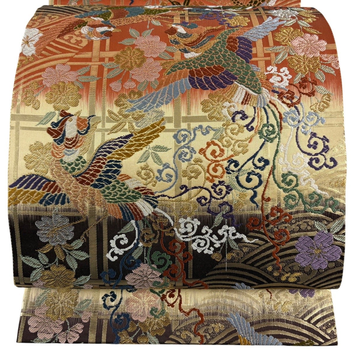 袋帯 美品 名品 狩猟文 向かい鳥 金銀糸 箔 えんじ色 六通 正絹 【