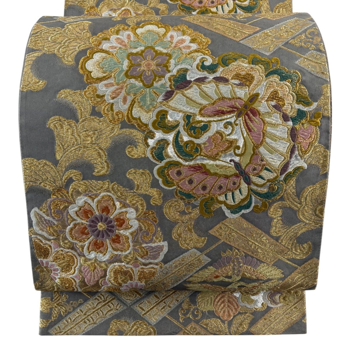 袋帯 秀品 振袖向き 鈴乃屋 桜 華文 金銀糸 箔 白 六通 正絹｜中古