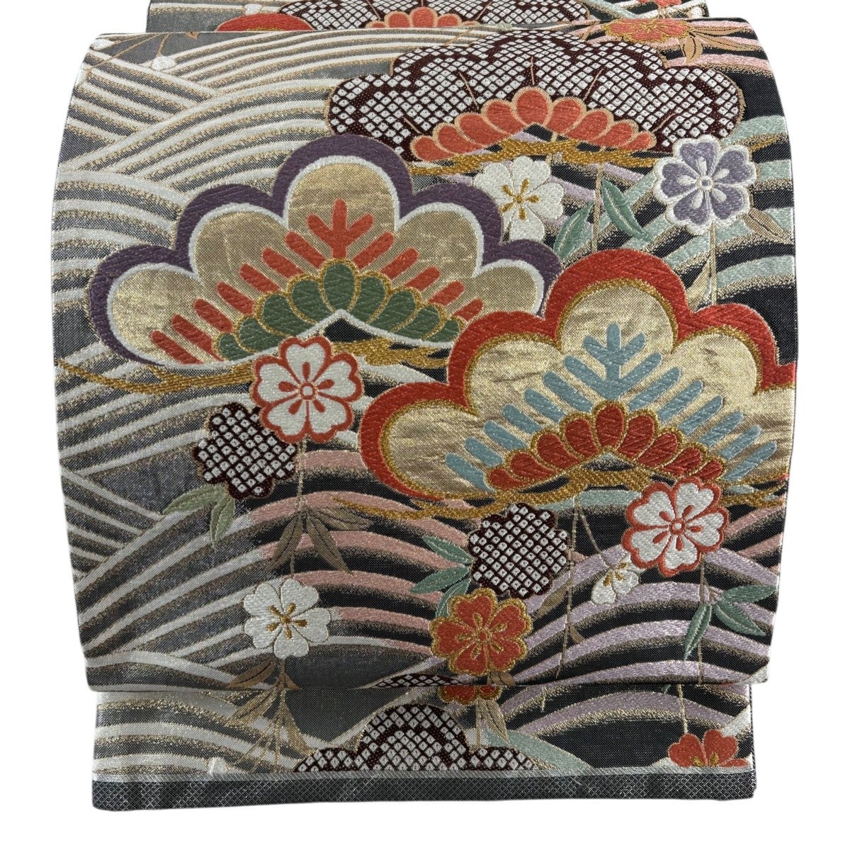 美品】 袋帯 秀品 振袖向き 笠松 波 金銀糸 箔 黒灰 六通 正絹｜中古