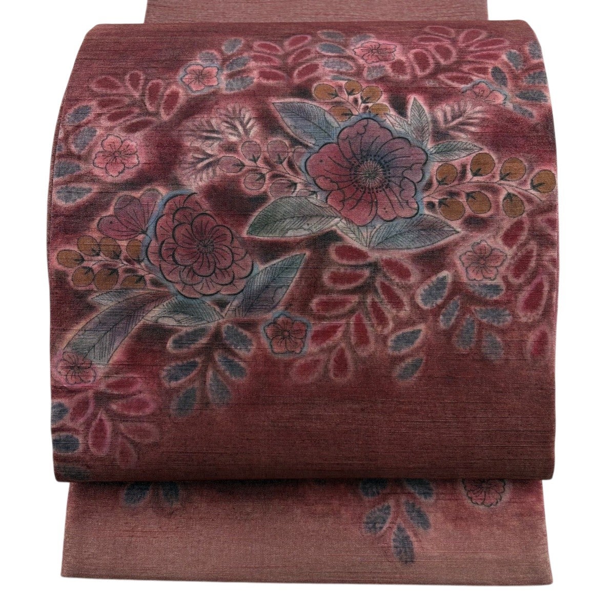 美品】 袋帯 秀品 辻が花柄 銀通し 箔 灰緑 お太鼓柄 正絹｜中古・古着