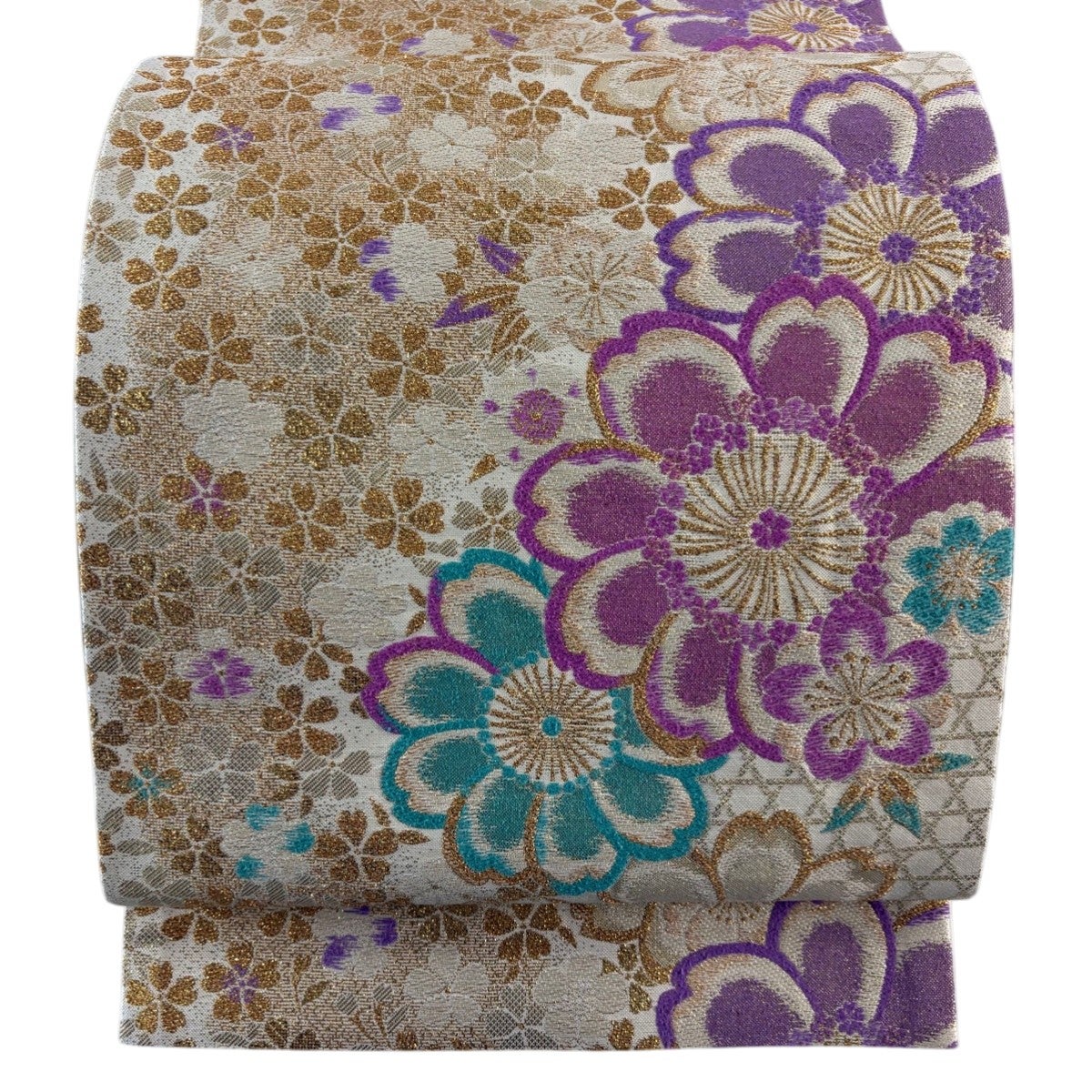 【美品】袋帯　螺鈿刺繍　宝相華　紫金箔　六通 美品】 袋帯 秀品 四季彩華 華文 籠目 金銀糸 箔 金色 六通 正絹｜中古