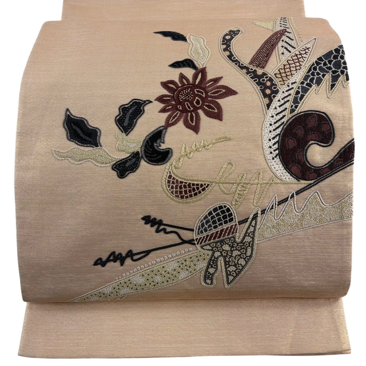 【未使用品】袋帯　超細かな相良刺繍　お太鼓柄　ベージュ 袋帯 秀品 草花 幾何学 刺繍 箔 ベージュ お太鼓柄 正絹｜中古・古着