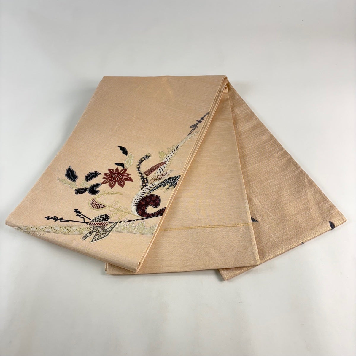 袋帯 秀品 草花 幾何学 刺繍 箔 ベージュ お太鼓柄 正絹｜中古・古着