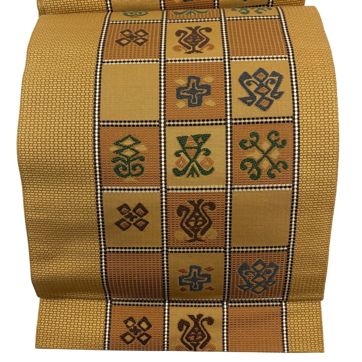 美品】 名古屋帯 秀品 八寸名古屋帯 松葉仕立て 縞 幾何学模様 薄黄土