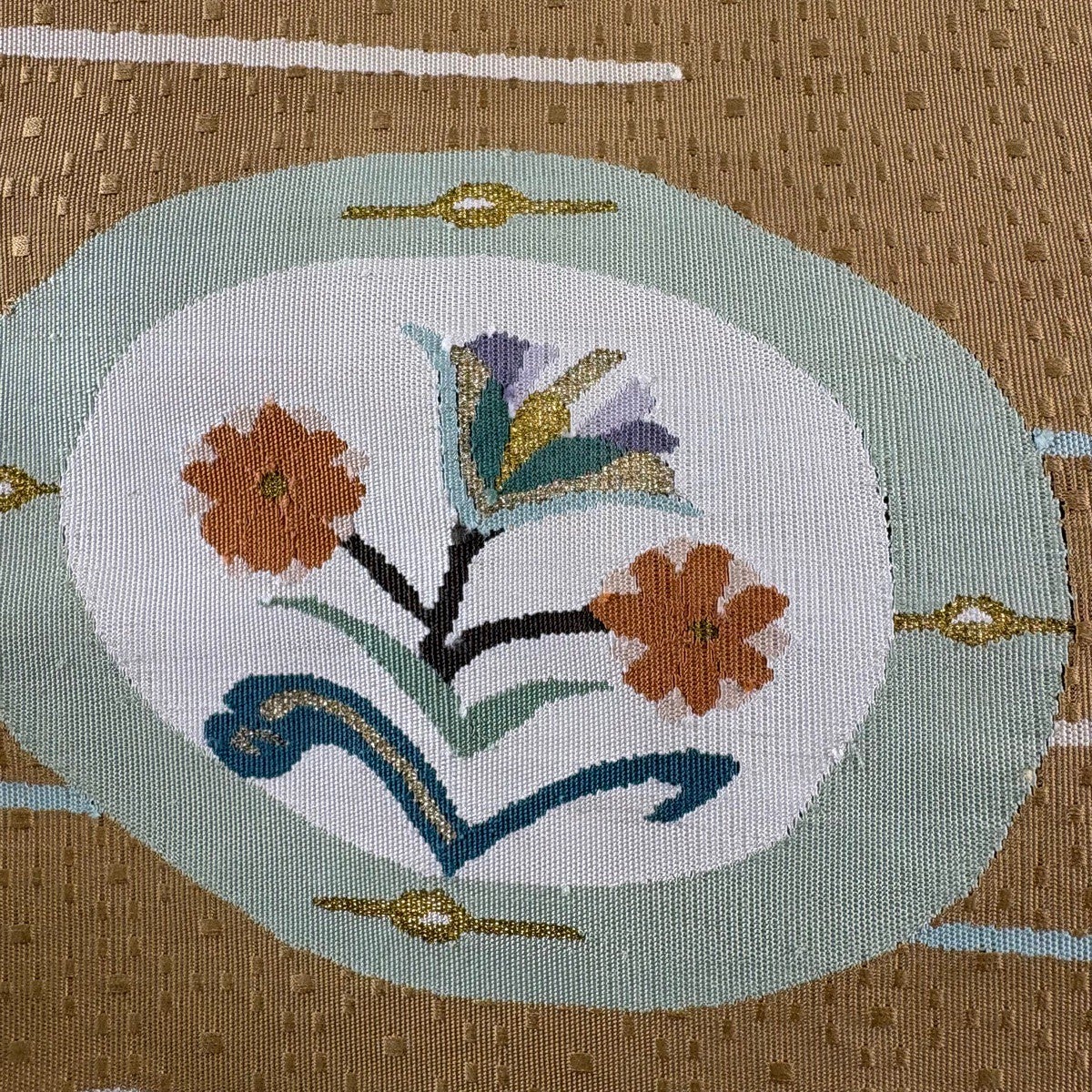 名古屋帯 秀品 八寸名古屋帯 草花 金糸 薄茶色 正絹｜中古・古着
