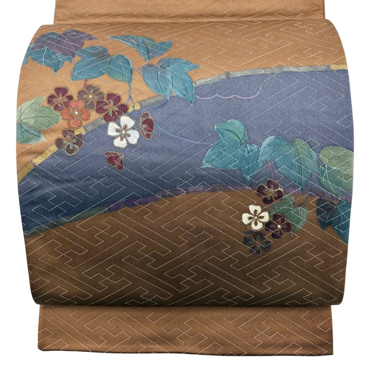 袋帯 秀品 二代目清次郎 落款あり 草花 紗綾形 銀糸 茶色 お太鼓柄