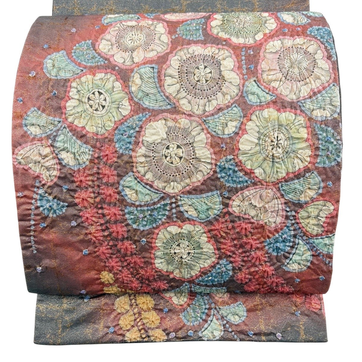 美品】袋帯 秀品 落款あり 辻が花 銀糸 箔 茶紫 お太鼓柄 正絹｜中古