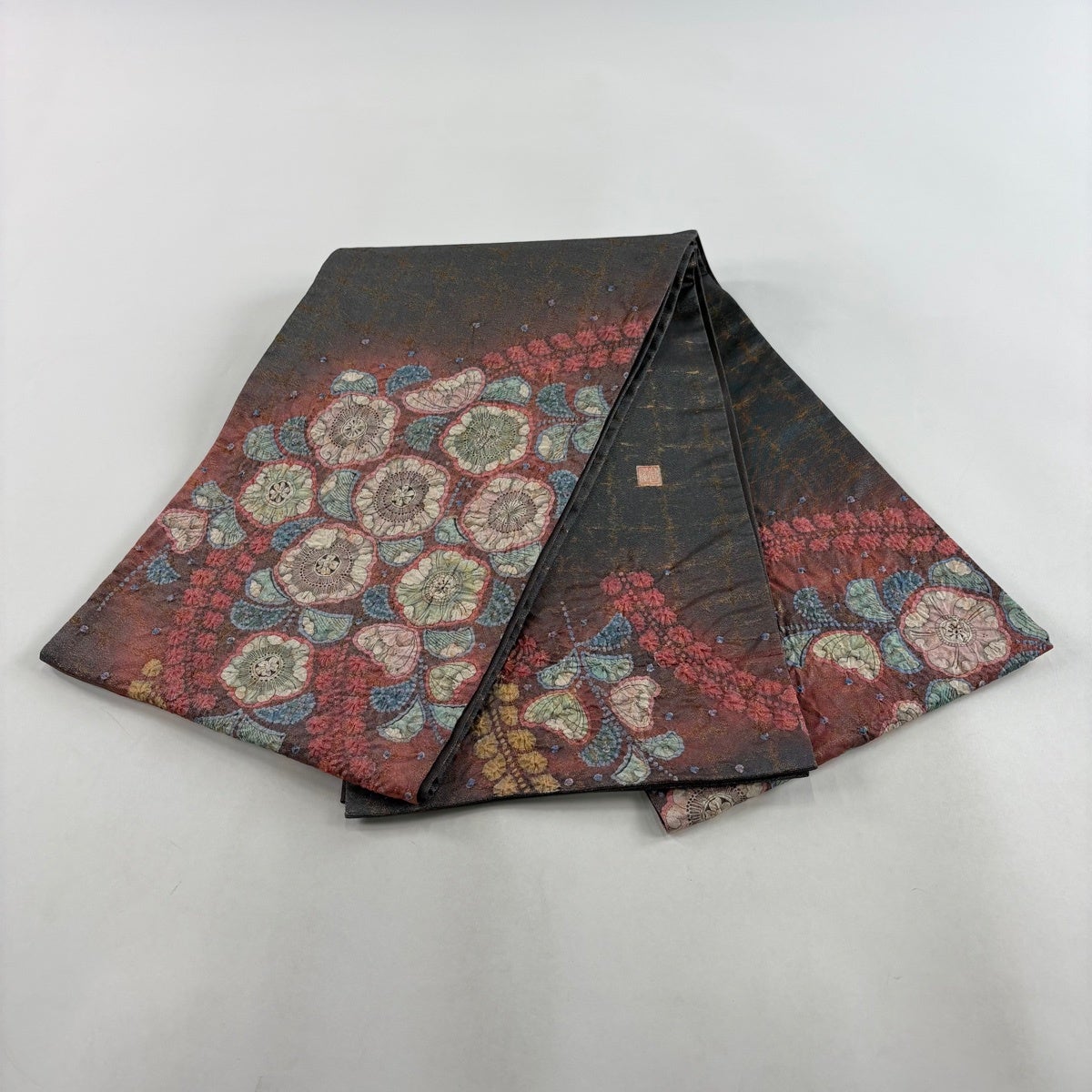 美品】袋帯 秀品 落款あり 辻が花 銀糸 箔 茶紫 お太鼓柄 正絹｜中古