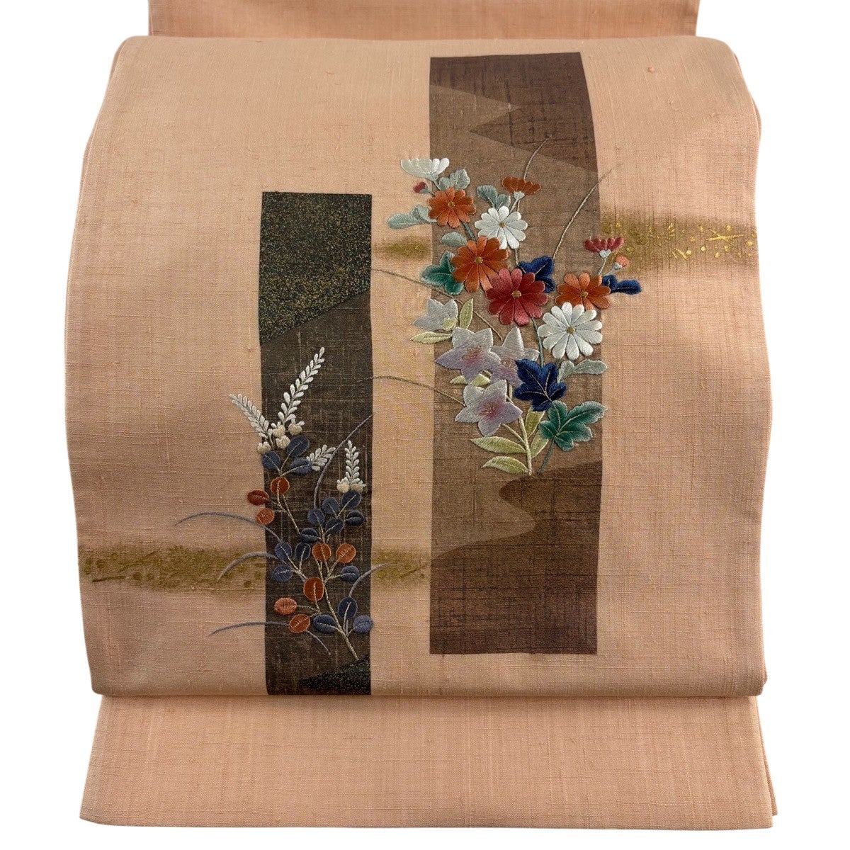 袋帯 秀品 紬地 短冊 秋草 刺繍 金糸 サーモンピンク お太鼓柄 正絹