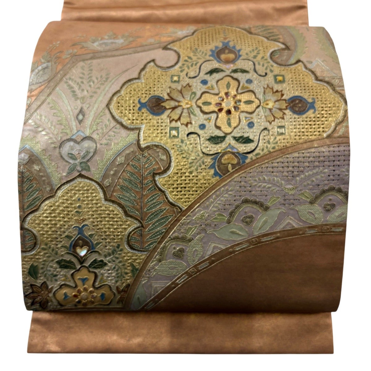 美品】 袋帯 秀品 華文 草花 螺鈿 金彩 赤茶 お太鼓柄 正絹｜中古