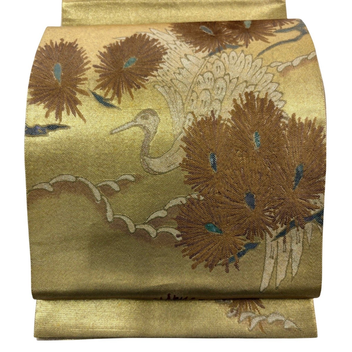袋帯 秀品 鈴乃屋 綴螺鈿織 若松 鶴 箔 金彩 金色 お太鼓柄 正絹｜中古