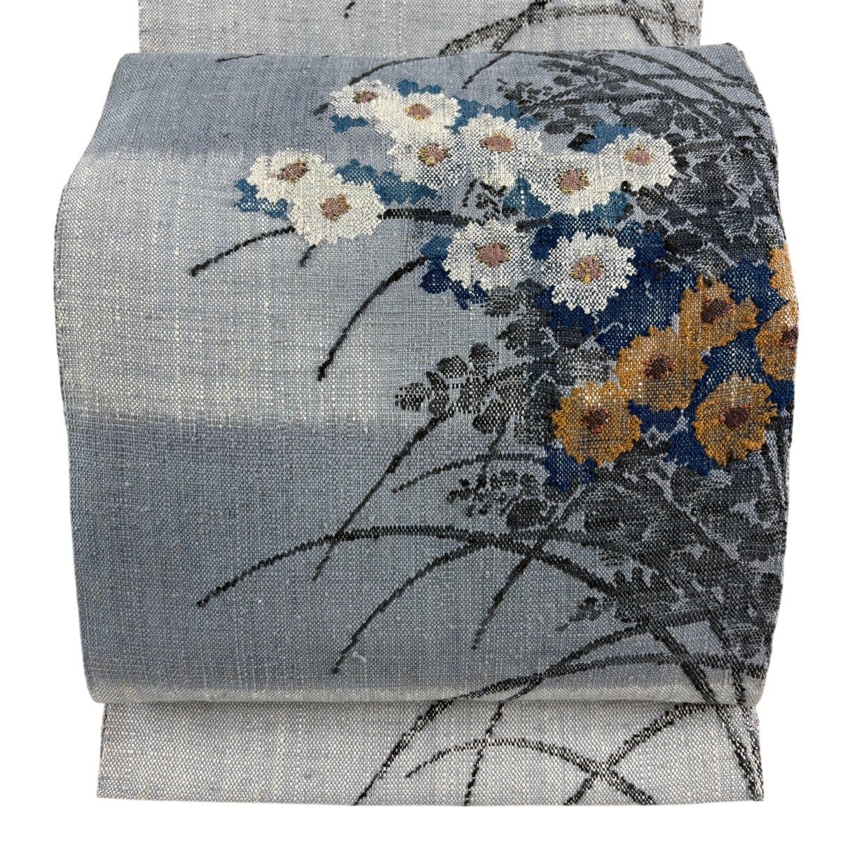 ZY-615 名古屋帯 刺繍 パールトーン加工 名品 松葉仕立て 正絹 美品 名古屋帯 秀品 八寸名古屋帯 松葉仕立て 幾何学 霞 灰色 正絹｜中古