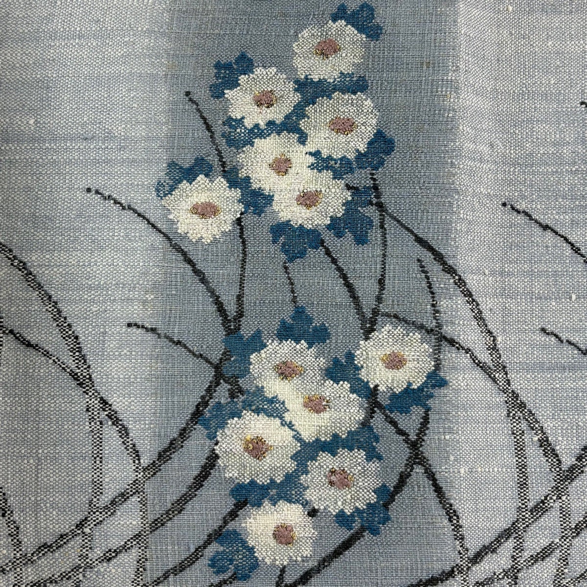 名古屋帯 秀品 八寸名古屋帯 松葉仕立て トンネル仕立て 菊 芝 金糸 青