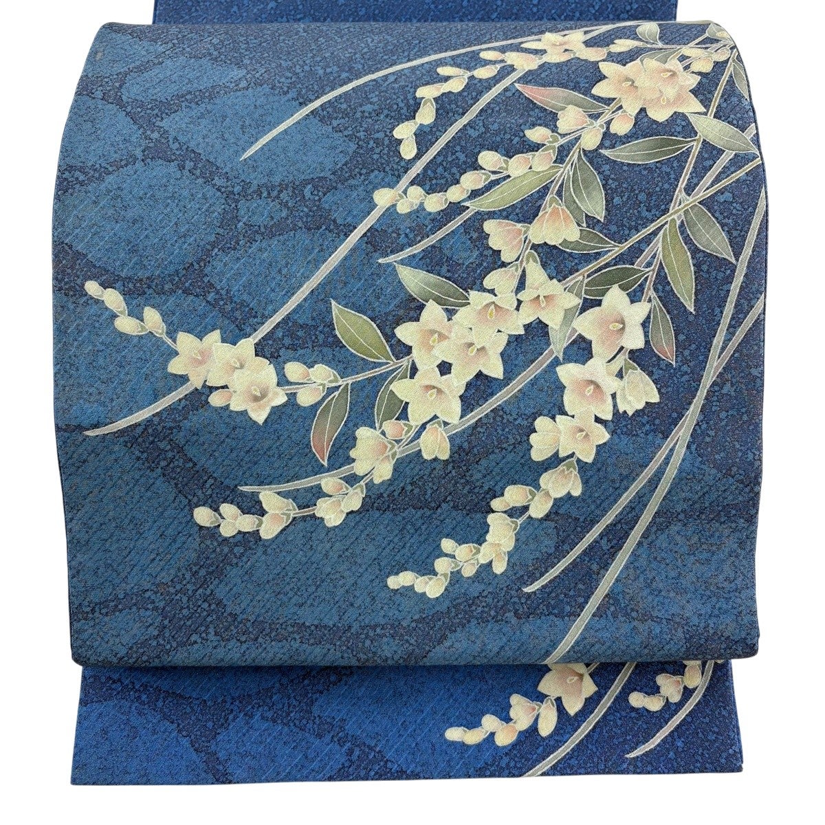 袋帯 秀品 落款あり 枝花 石畳 銀通し 青 お太鼓柄 正絹｜中古・古着