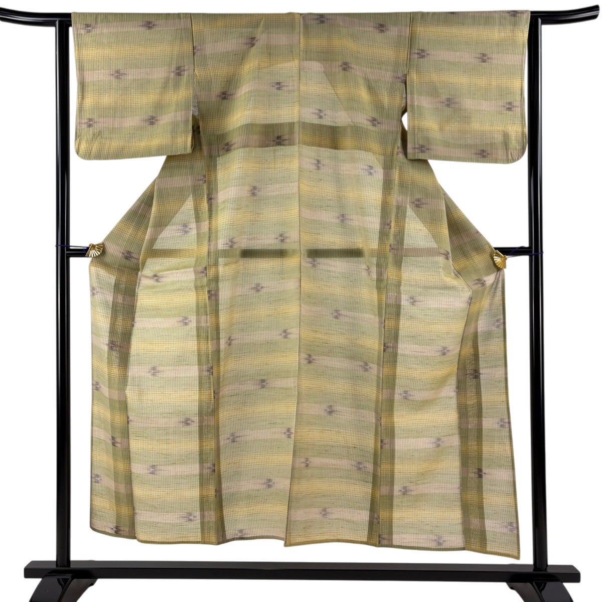 紬 身丈152cm 裄丈62.5cm S 薄物 夏紬 燕 段縞 抹茶色 正絹 名品｜中古