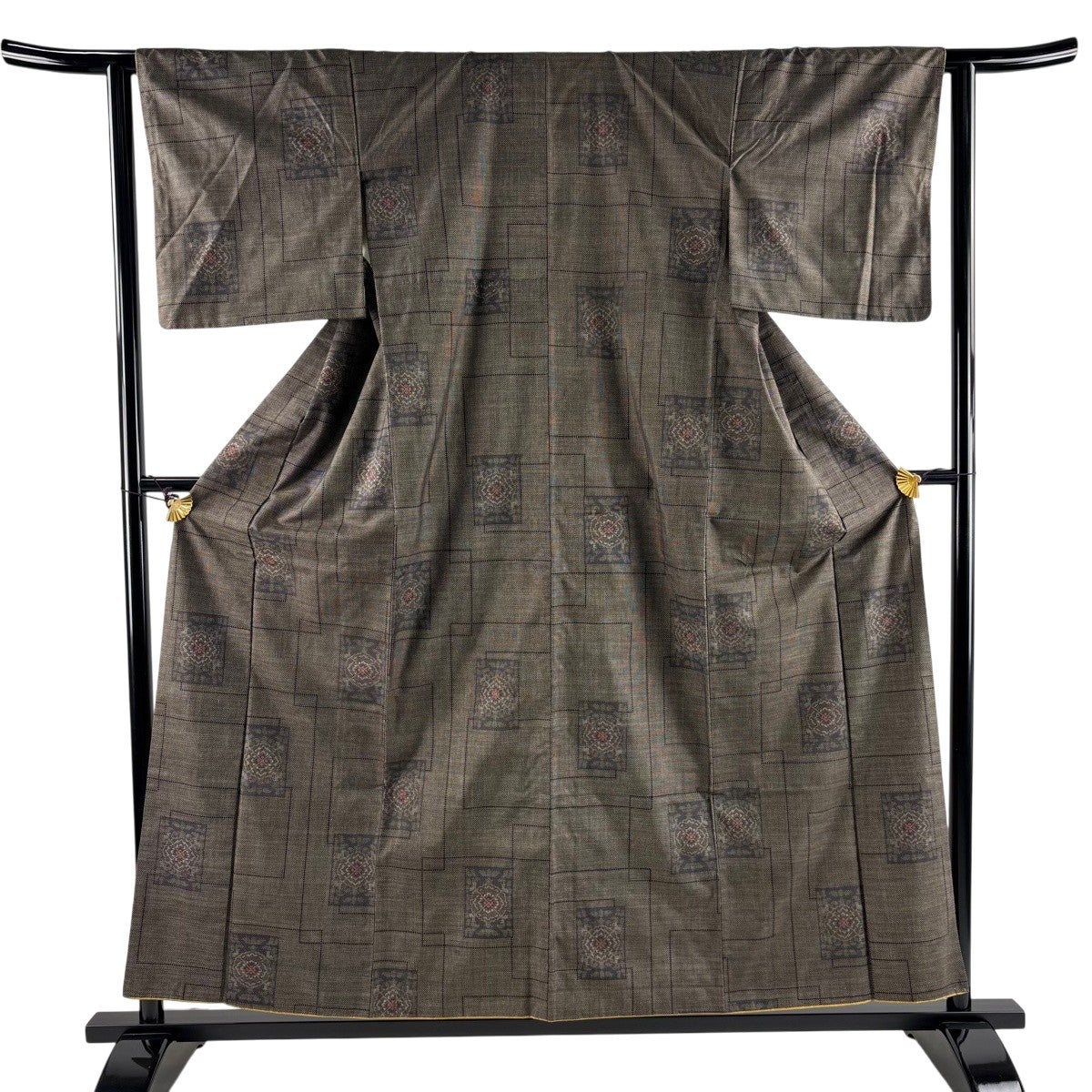 紬 身丈156cm 裄丈62.5cm S 袷 幾何学模様 焦茶色 正絹 秀品｜中古