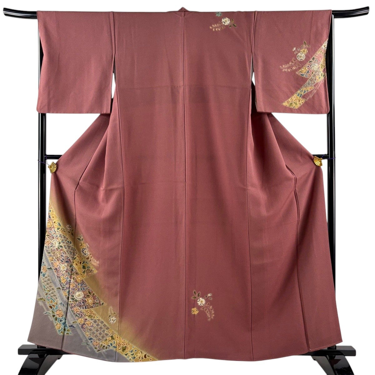 付下げ 身丈162cm 裄丈64.5cm M 袷 菊 枝垂れ桜 金彩 染め分け 灰緑