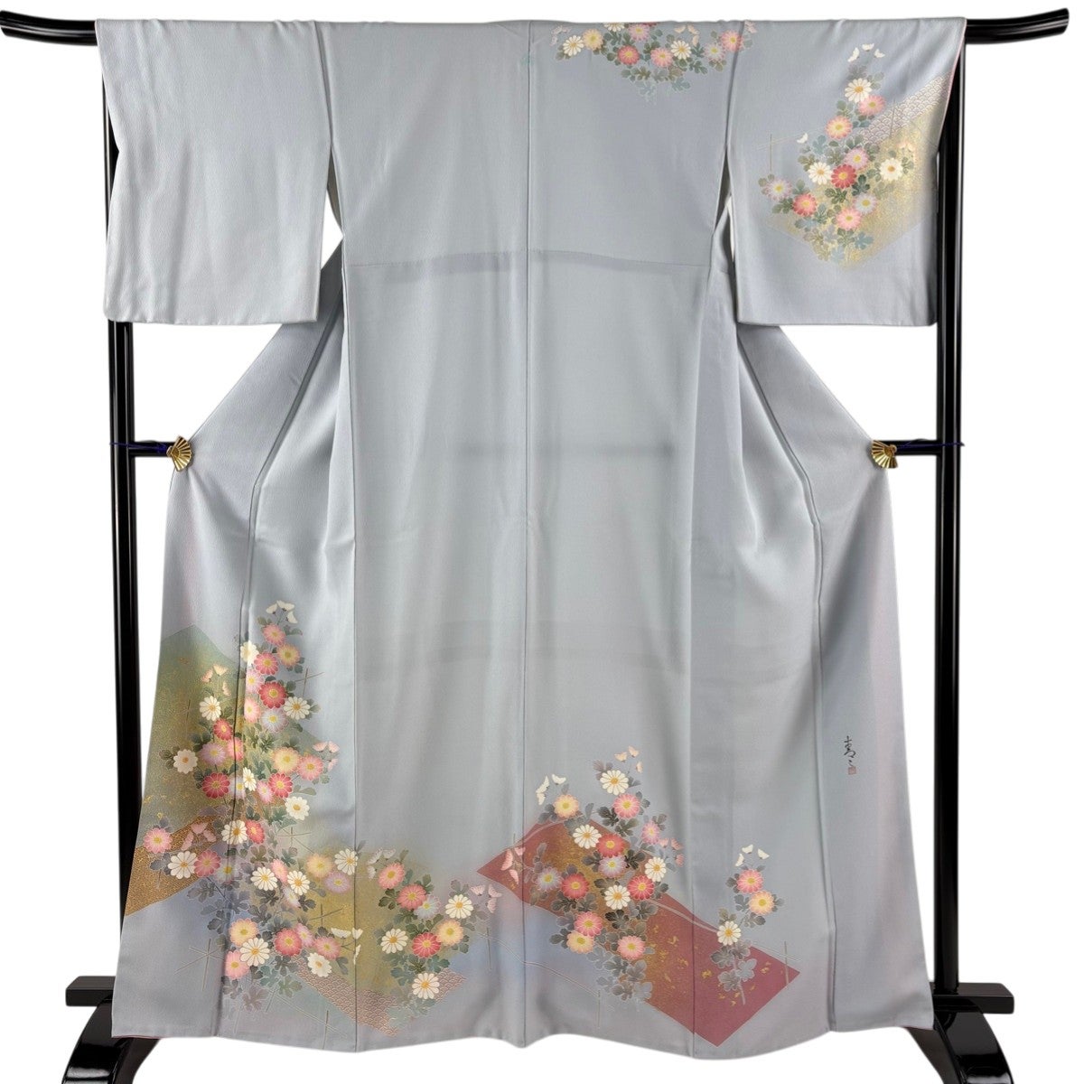 黒留袖 身丈159cm 裄丈63.5cm S 袷 松井青々 落款あり 菊 山並み 金糸
