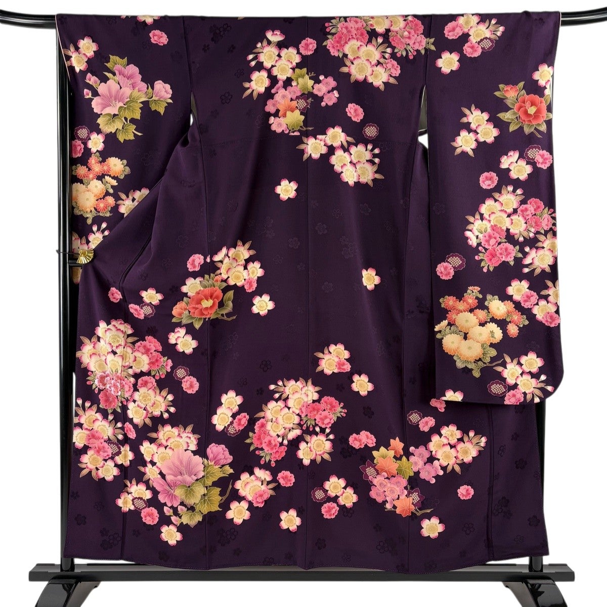 振袖 山本寛斎 KANSAI 華徒然 落款あり　草花　えんじ色　着物単品販売 振袖 鶯色 牡丹 華徒然 山本寛斎 - 東京着物 結鶴