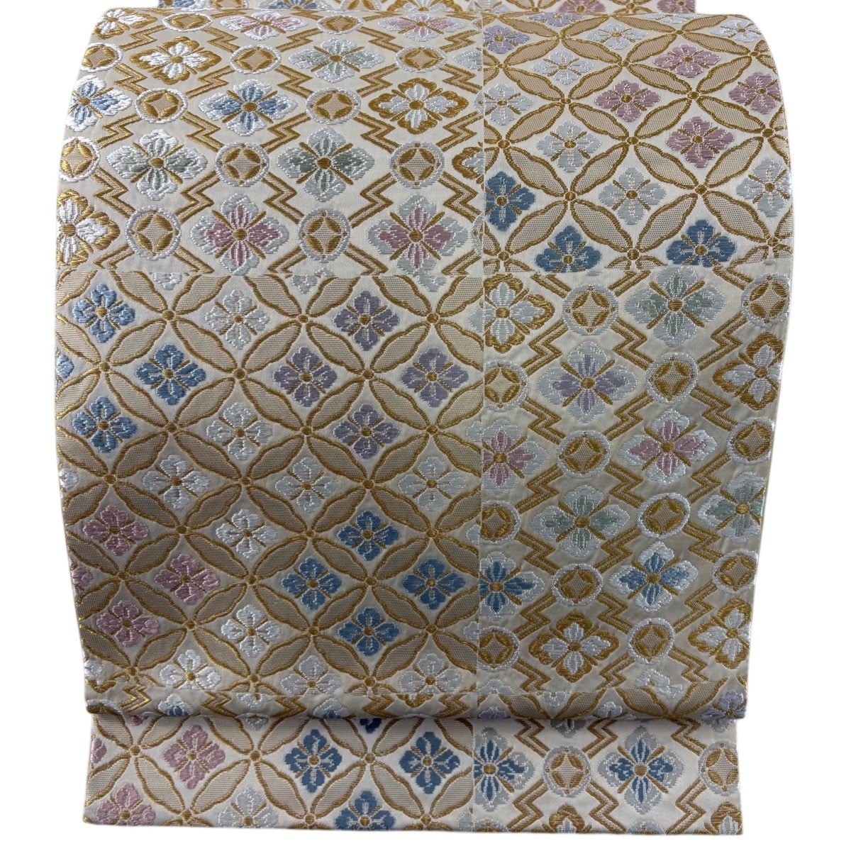 袋帯 秀品 菱 花菱 金糸 刺繍 ベージュ 六通 正絹｜中古・古着