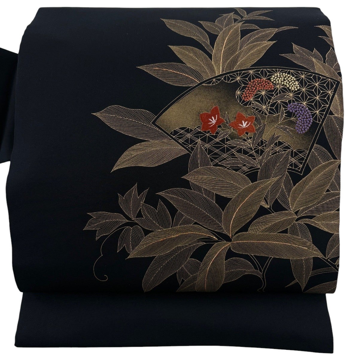 専用　名古屋帯 黒 名古屋帯 秀品 扇面 草花 刺繍 金彩 黒 正絹｜中古・古着・リサイクル