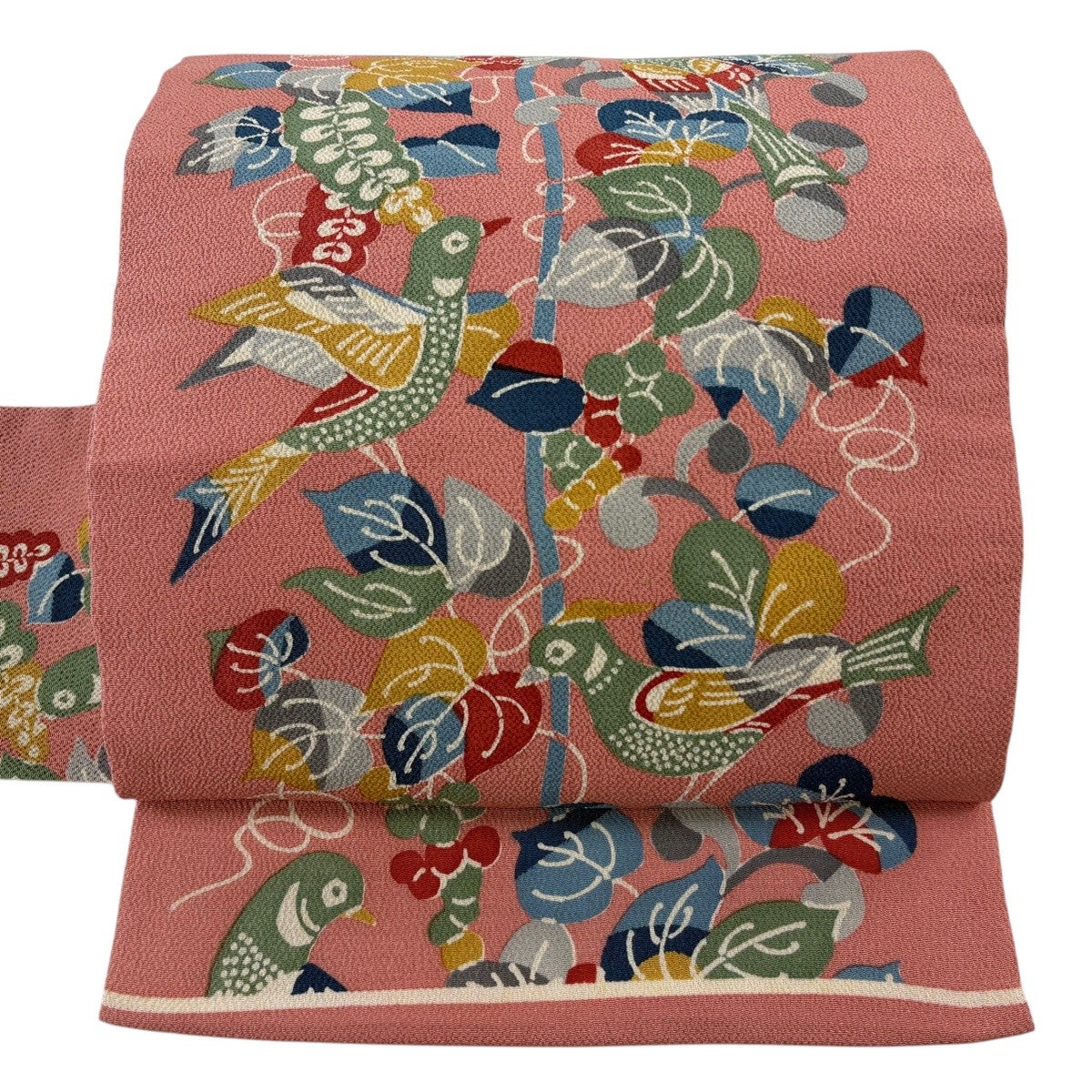 美品】 名古屋帯 秀品 鳥 葡萄 縮緬 ピンク 正絹｜中古・古着