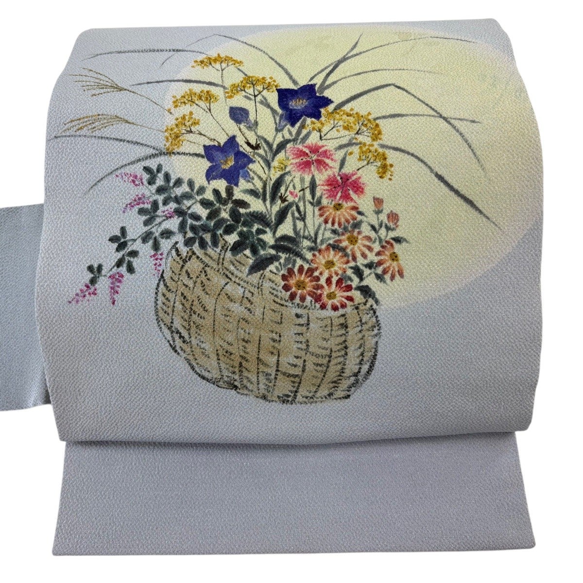 名古屋帯 秀品 花籠 満月 縮緬 青灰色 正絹｜中古・古着・リサイクル
