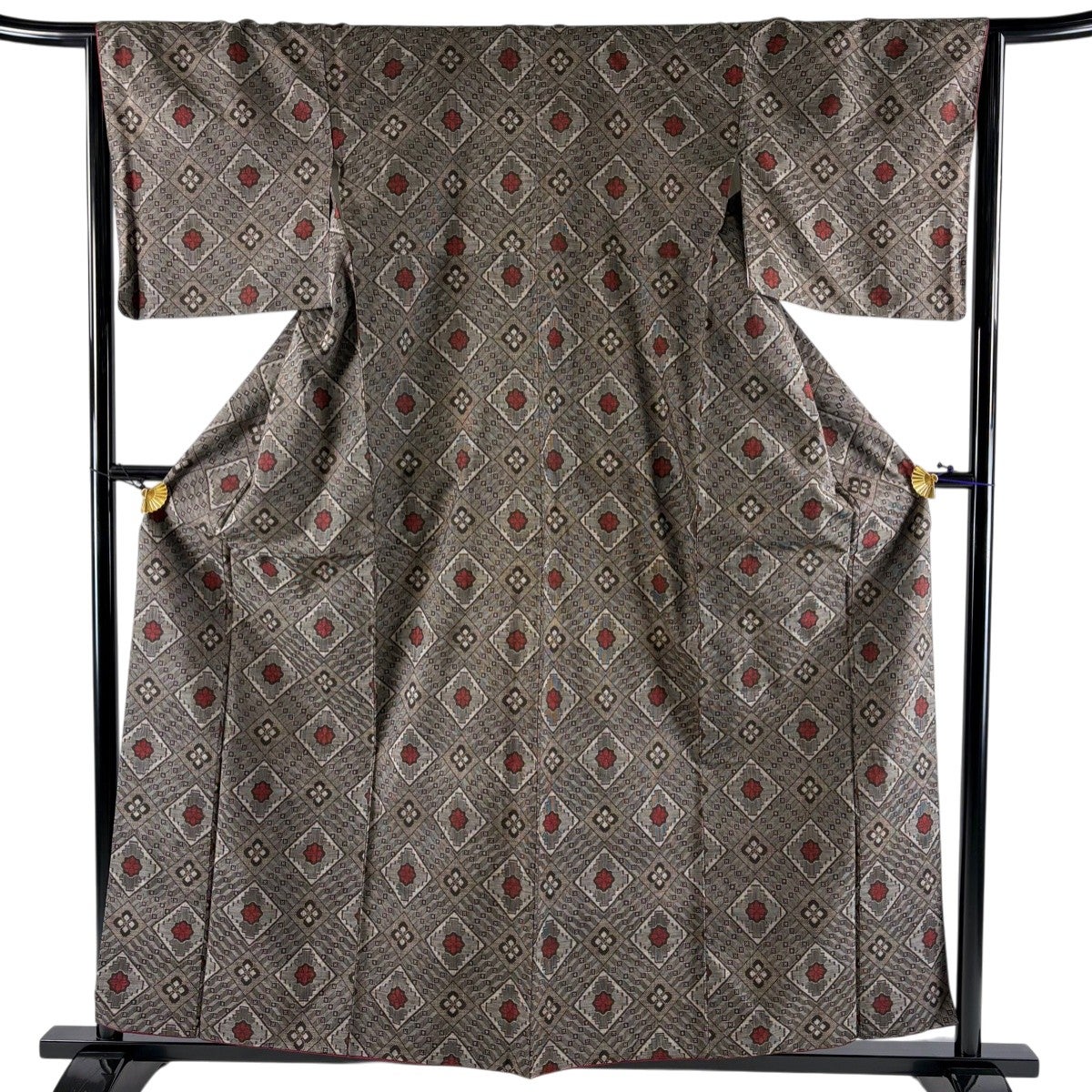 紬 身丈160cm 裄丈68cm 正絹 秀品 【中古】 紬 身丈160cm 裄丈62.5cm S 袷 アンサンブル 証紙あり 格子 山吹茶色