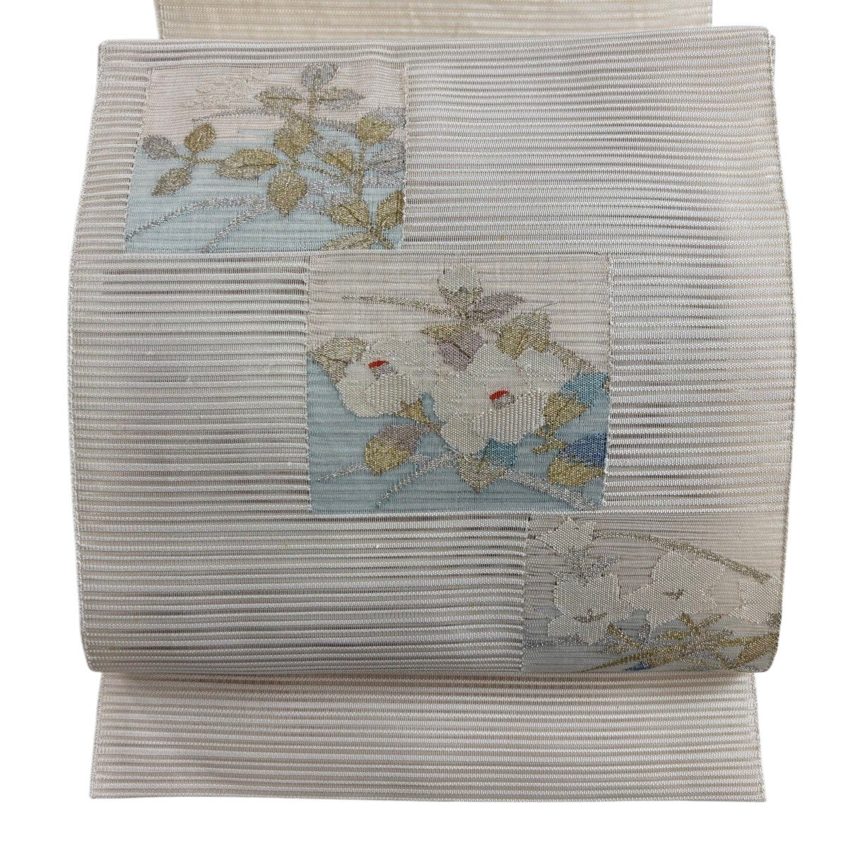 名古屋帯 秀品 夏帯 絽 八寸名古屋帯 松葉仕立て 段縞 金銀糸 ベージュ