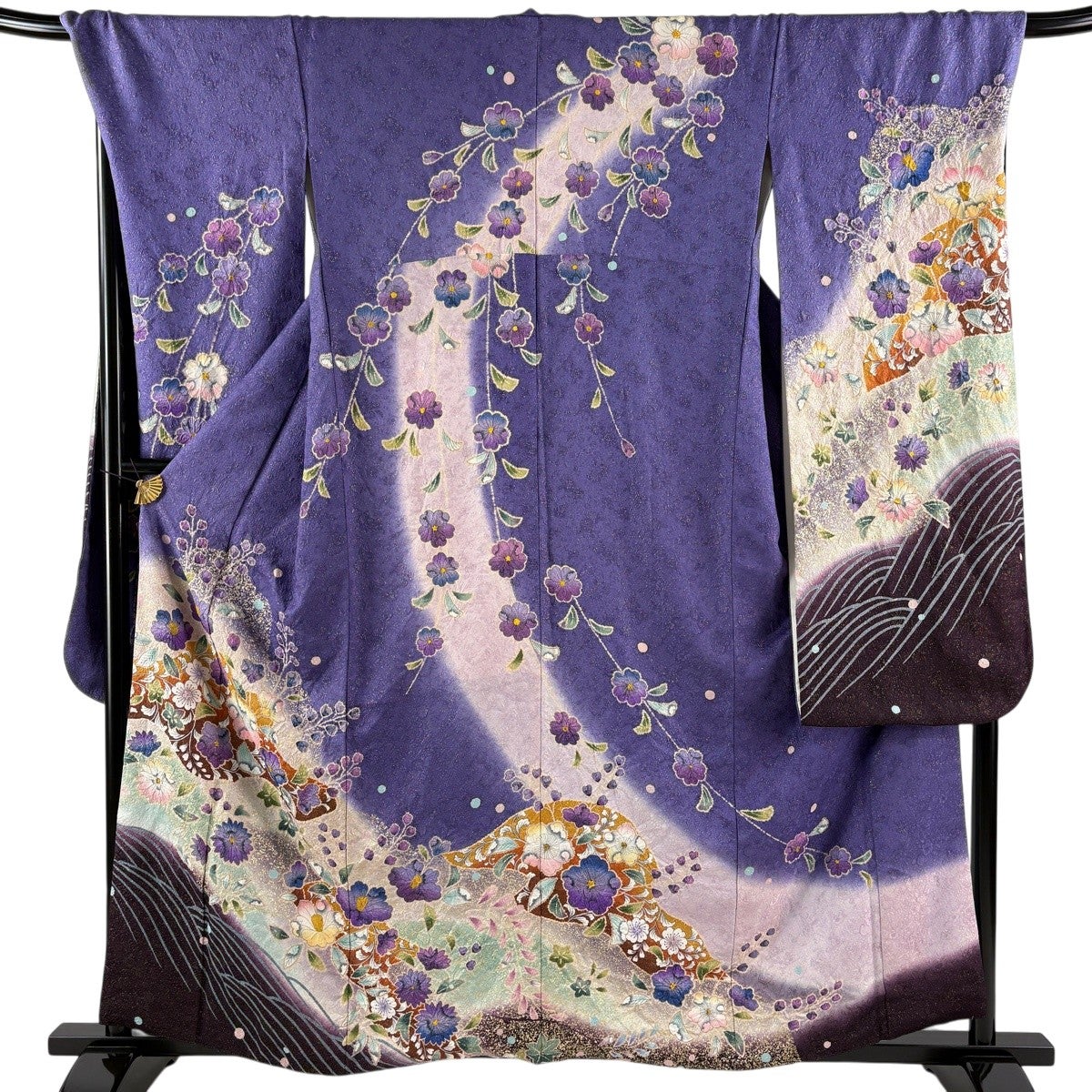 美品】 振袖 身丈161cm 裄丈71cm L 袷 草花 波 金彩 金通し 紫 正絹