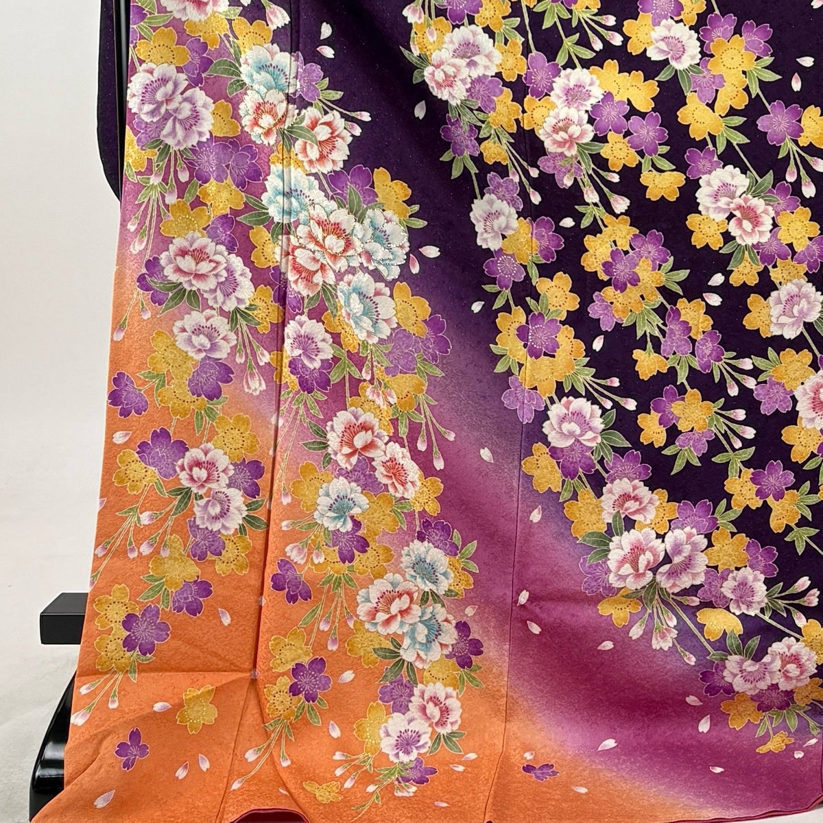 美品】 振袖 身丈182.5cm 裄丈72cm L 袷 枝垂れ桜 銀通し 箔 紫 正絹