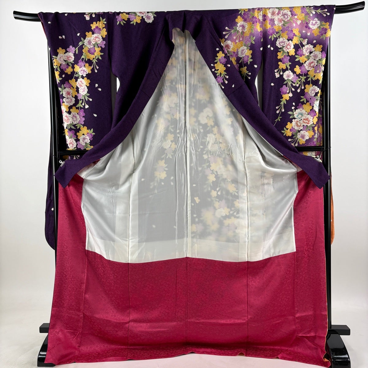 美品】 振袖 身丈182.5cm 裄丈72cm L 袷 枝垂れ桜 銀通し 箔 紫 正絹