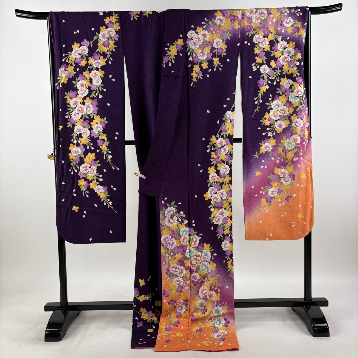 美品】 振袖 身丈182.5cm 裄丈72cm L 袷 枝垂れ桜 銀通し 箔 紫 正絹
