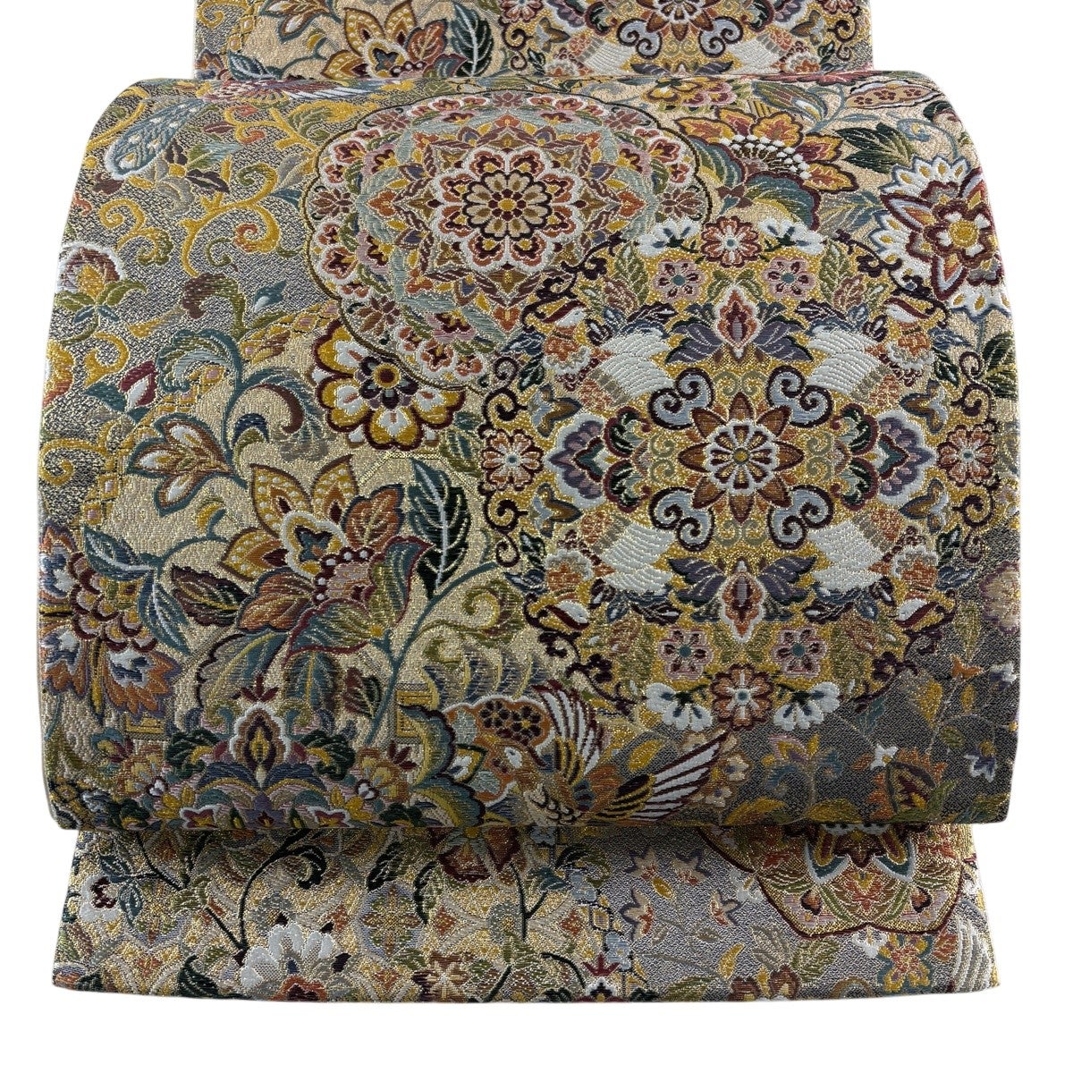 美品】 袋帯 秀品 鏡鳳凰華文図 箔 金糸 ベージュ 六通 正絹｜中古