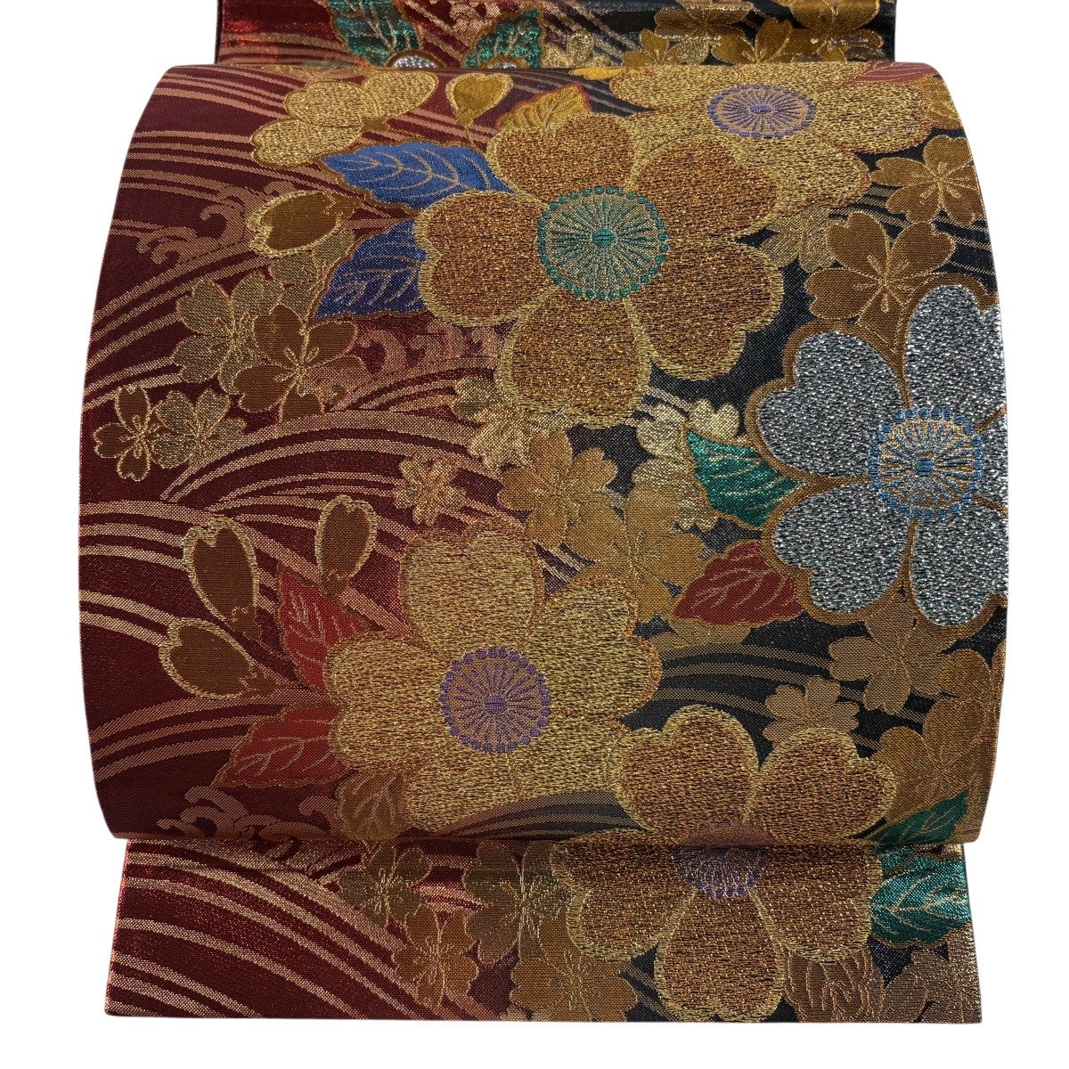 美品】 袋帯 秀品 松竹梅 斜縞 金銀糸 箔 金色 六通 正絹｜中古・古着