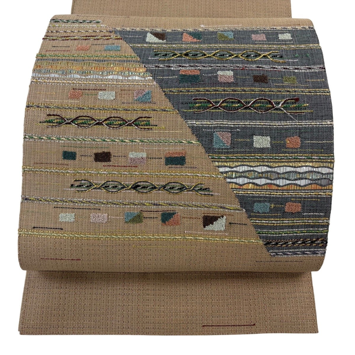 美品】 名古屋帯 秀品 八寸名古屋帯 松葉仕立て 縞 幾何学模様 箔 金