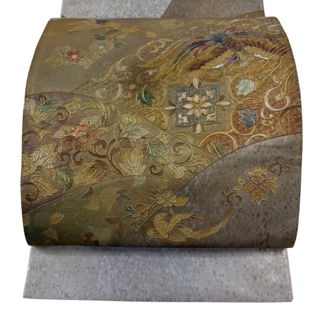 袋帯 秀品 草花 金彩 螺鈿 金色 お太鼓柄 正絹｜中古・古着