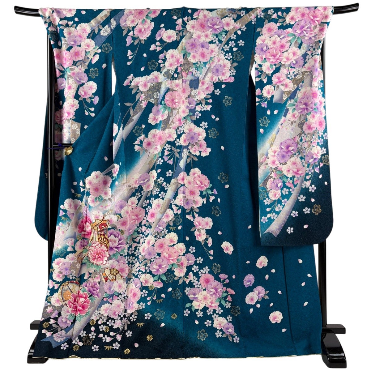美品】 振袖 身丈171cm 裄丈72cm L 袷 御所車 草花 銀通し 刺繍 青緑