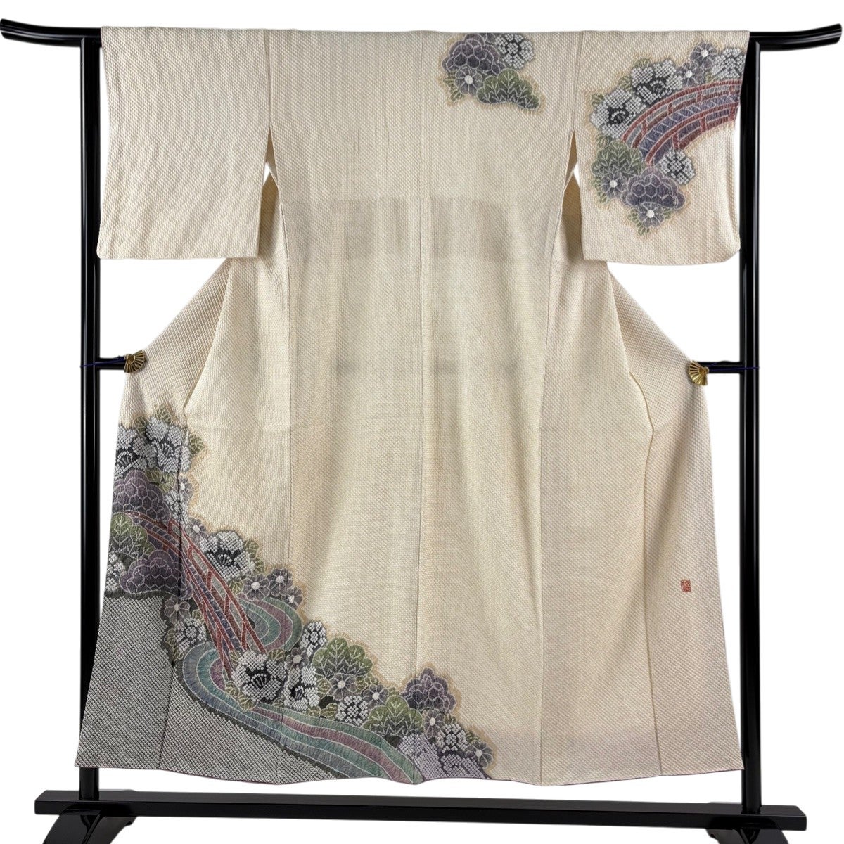 振袖 身丈151cm 裄丈63cm S 袷 草花 総絞り 金糸 黄緑色 正絹 秀品