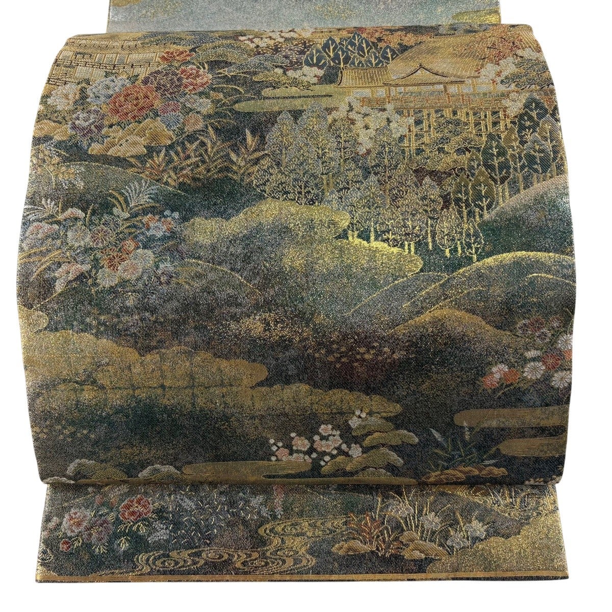 40%OFF 【美品】 袋帯 逸品 風景 箔 銀色 お太鼓柄 正絹 K30｜中古