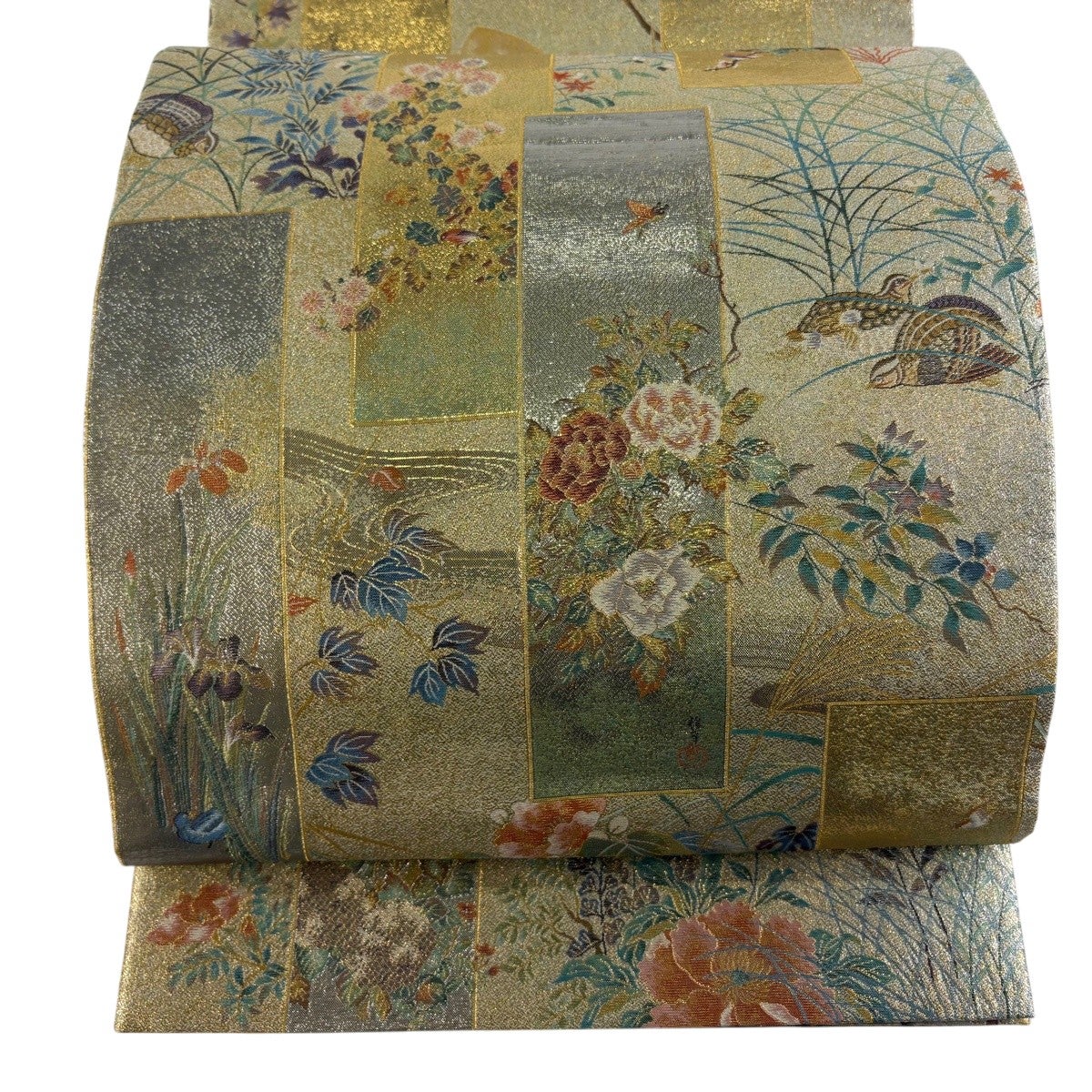 ＜あやあや様リクエスト＞逸品＊松尾光琳＊正絹 六通柄袋帯 純金アート極美品 美品】 袋帯 秀品 松尾光琳 落款あり 枝梅 観世水 金糸 箔 金色 お太鼓