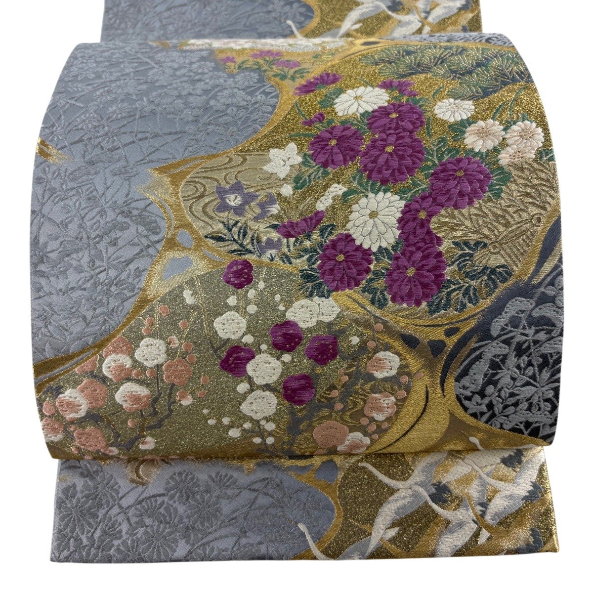 美品】 袋帯 逸品 帝王紫 落款あり 葡萄 金糸 青灰色 お太鼓柄 正絹