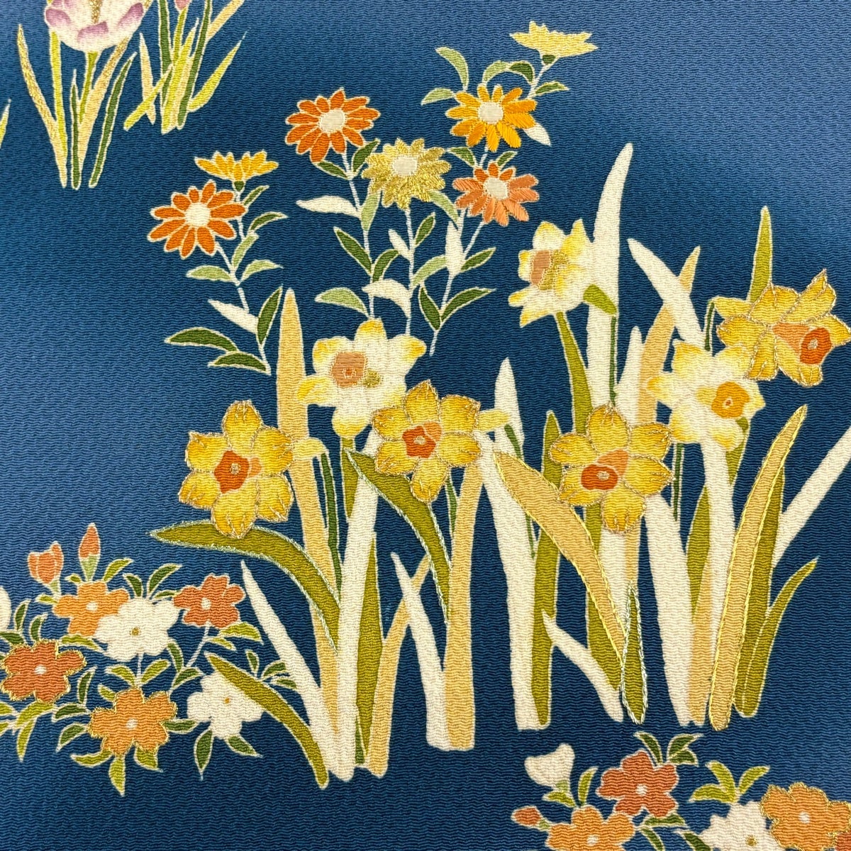 名古屋帯 逸品 大彦 草花 金糸 刺繍 青 正絹｜中古・古着・リサイクル