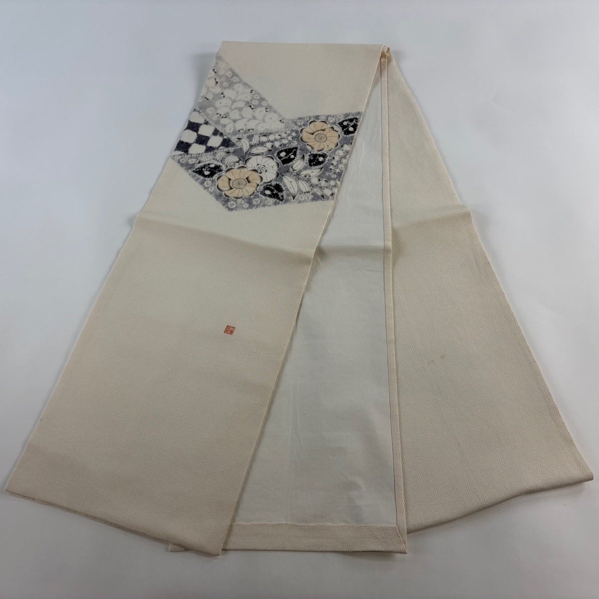 開き名古屋帯 逸品 落款あり 小倉建亮 辻が花 縮緬 クリーム 正絹