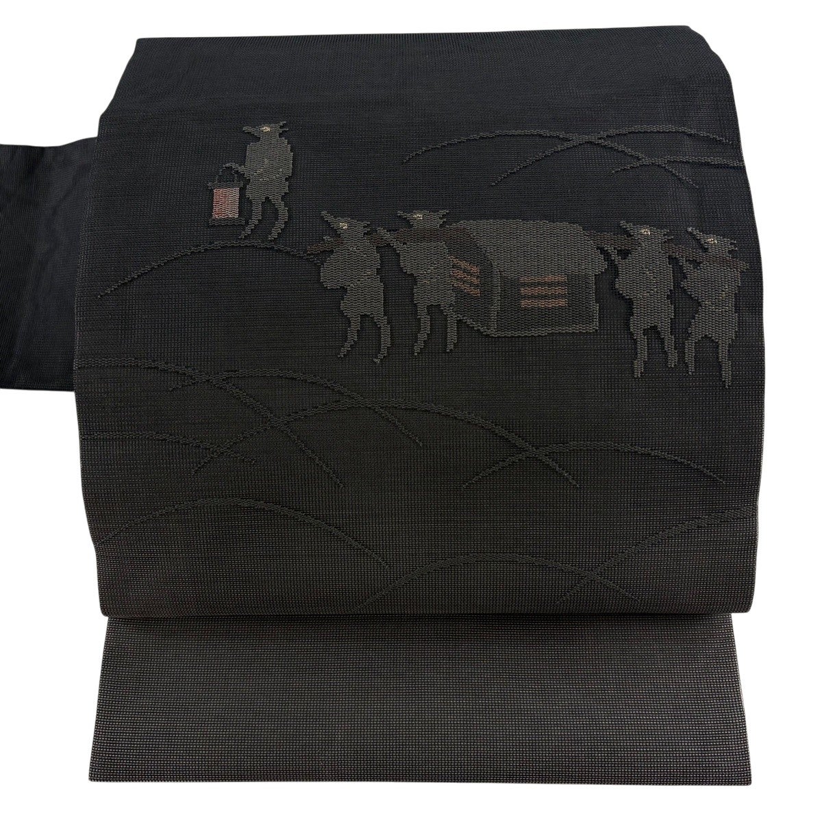 美品】 名古屋帯 逸品 夏帯 紗 狐の嫁入り 芝 金糸 墨色 正絹｜中古
