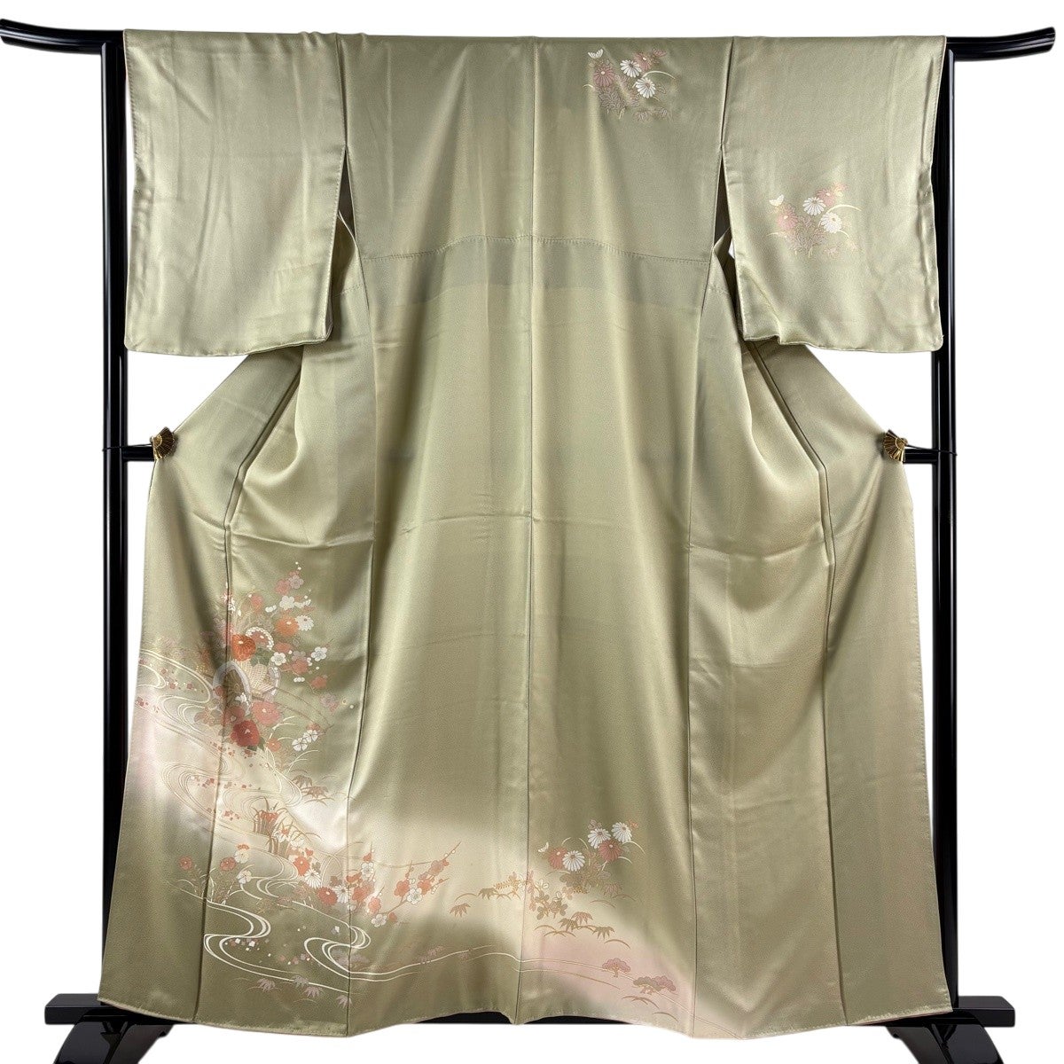 美品】 訪問着 身丈159cm 裄丈65cm M 袷 花車 流水 金彩 ぼかし 鶯色